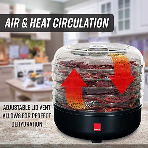 Ronco Beef Machine, 5-Tray Dehydrator with 5-Piece Kit, Food Preserver Quiet Operation, for Turkey, Chicken, Fish, Fruits, Vegetables, Deluxe Black w/jerky gun