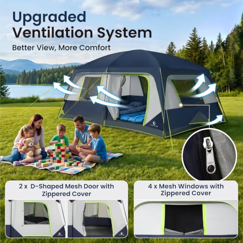 Carpa de Camping ALPHA CAMP para 10 Personas, resistente al clima, con cubierta para lluvia, 4 grandes ventanas de malla, doble capa, 2 compartimentos miniatura 4