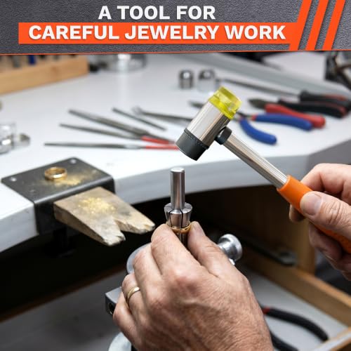 Image of Small Rubber Mallet Hammer, Orange 25mm Double-Faced Soft Face Mallet with Soft Rubber & Hard Plastic Heads, Non Marring Jewelry Hammer for Leather Craft, Tile, Furniture Repair, Hobby & DIY Projects