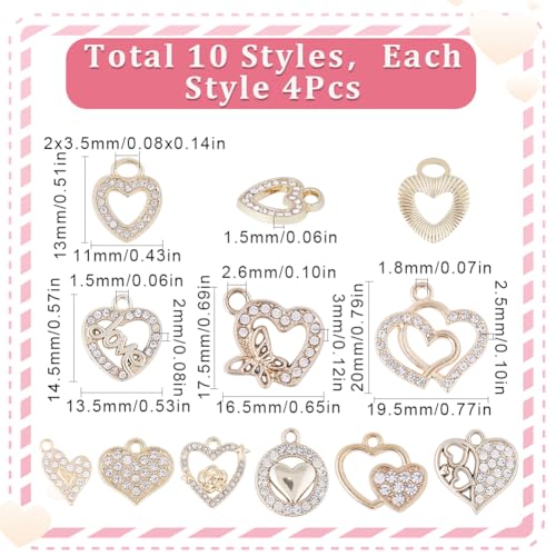 SUNNYCLUE 1 Box 40Pcs Valentines Day Heart Rhinestone Charms Heart Charms Love Charm Bulk Charm Crystal Hollow Love Pendants for jewellery Making DIY Earrings Bracelet Necklace Gift Supplies - Image 2