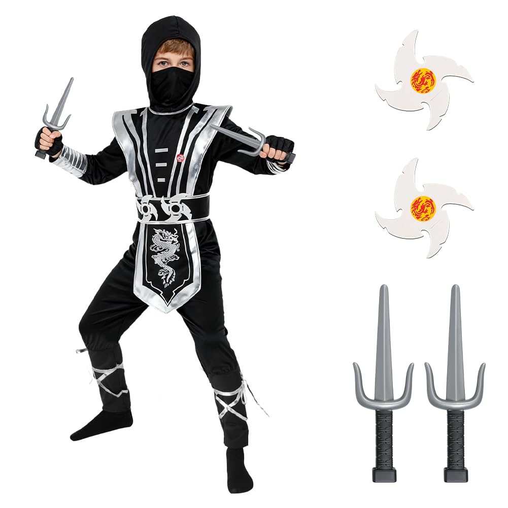 BSBUY Ninja Kostüm Kinder 13PC Kinderkostüm Ninja Set Jungen Mädchen Ninja-Anzug Kinder Cosplay Outfit Fighter Costume Ninja Zubehör Kostüm für Halloween Verkleidung Karneval Cosplay Fasching Silber