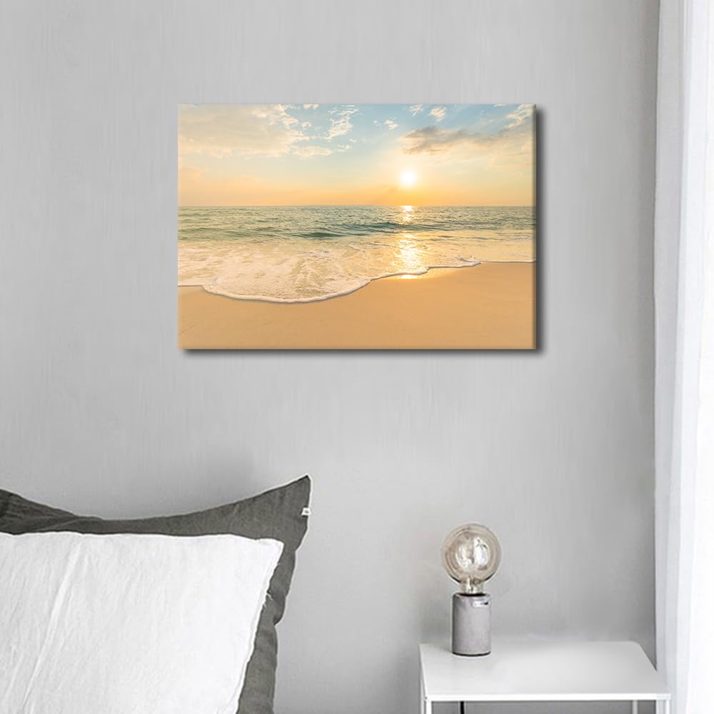 Soft Sea Waves And Bubbles on the Beach With Sunset Sky Background Nature Seascape Picture Artwork Framed Ready to Hang for Home Office Bedroom Living Room Bathroom Kitchen Wall Decor (12"Wx18"H) - Image 4