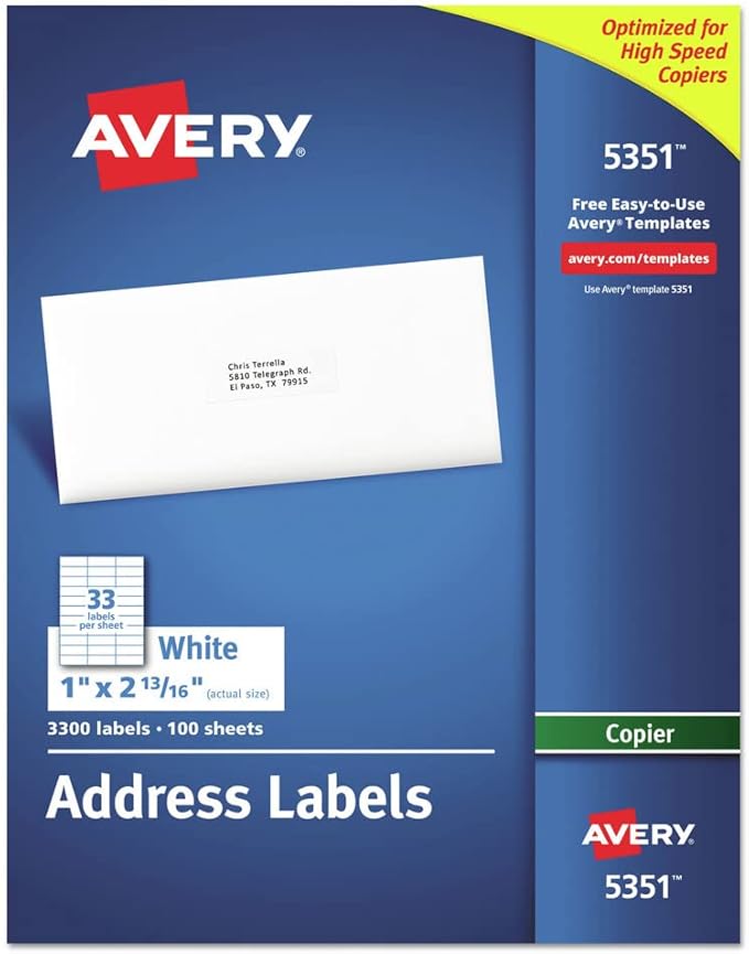 Avery 5351 Copier Label, Mailing, 1-Inch X2-13/16-Inch, 3300/Bx, White