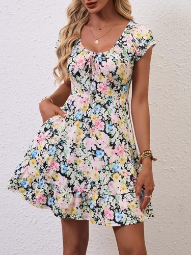 Image of HUHOT Teen Petite Women Floral Short Summer Mini Dresses with Pockets Cute Milkmaid Sundress 2026
