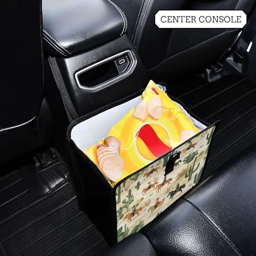 Image of Car Trash Can Organizer Bin with Adjustable Strap for Back Front Seat Console Waterproof Leakproof Collapsible Portable 11 Inch Cute Cacti Desert Cowboys Horses