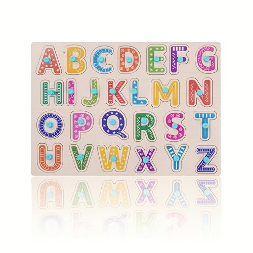 Image of Lefan Wooden Alphabet Puzzle with Pegs - A to Z ABC Learning Board for Toddlers - Montessori Educational Toy for Kids Age 2+ - Early Literacy Development