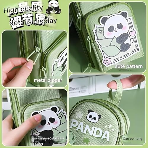Image of Canvas School Bag Pencil Case, 3 Layer 6 Compartment Large Capacity, Aesthetic Pencil Pouch for Stationary, Cute Stationery for Kids, Pencil Case for Girls & Boys (Green)