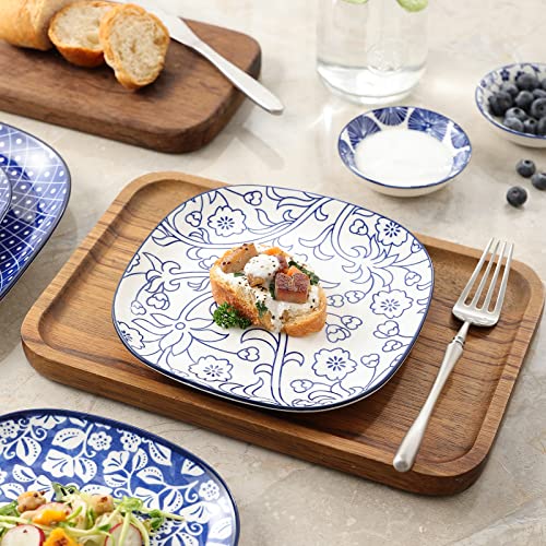 Selamica Porcelain Square Dessert Salad Pasta Steak Plates 10 Inches Ceramic Plates Set Of 6 Microwave/Dishwasher/Oven Safe, Vintage Blue #TOP5