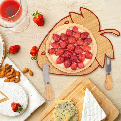 Whaline - Tabla de cortar de madera con diseño de fresa, 4 piezas, incluye cuchillos y tenedores, ideal para fiestas temáticas, baby shower, cumpleaños y decoración de mesa miniatura 6
