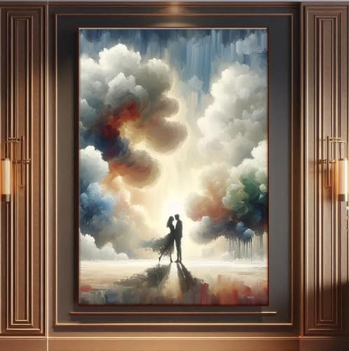 Silhouette amoureuse au ciel nuageux : installez une peinture romantique dans la chambre