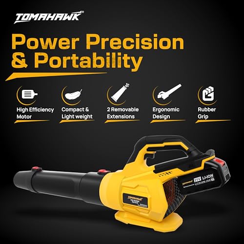 Image of TOMAHAWK BLB-8130 | 20V Brushless Cordless Leaf Blower with 2x3.0Ah Batteries, 150 MPH Air Speed, 125 CFM Airflow, 4 Nozzles, Fast Charger & Carry Bag - Powerful Garden Cleaning Tool
