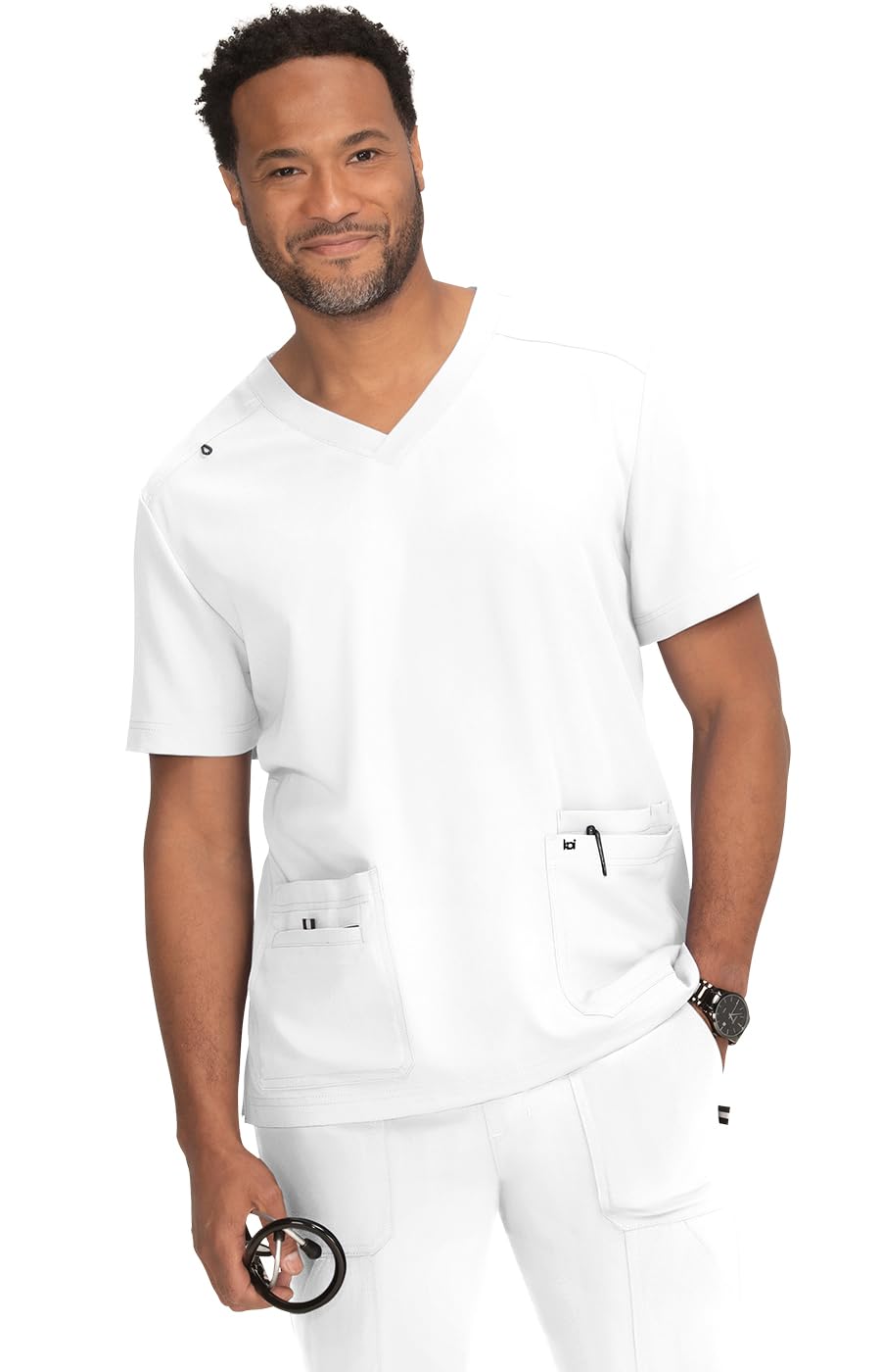 KOI Next Gen Free to Be Men's 4-Pocket Scrub Top, White, Large