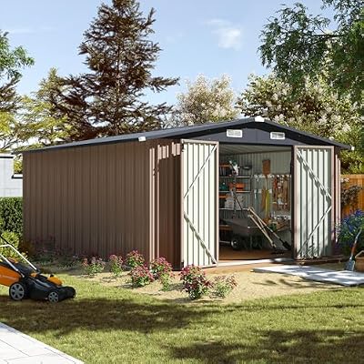 Aoxun 10 x 12FT Outdoor Storage Shed with Double Hinged Large Door Utility Garden Shed with Lockable Door & Sloped Roof Metal Sheds Outdoor Storage for Garden, Backyard, Patio and Backyard, Brown