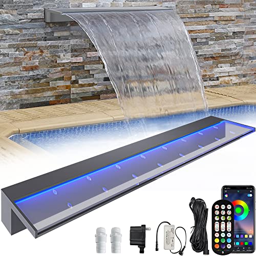 YITAHOME 48" Pool Fountain Stainless Steel Pool Waterfall with 7 Colors LED Light Changing Remote for Spillway, Swimming Pool, Outdoor Garden Decorations