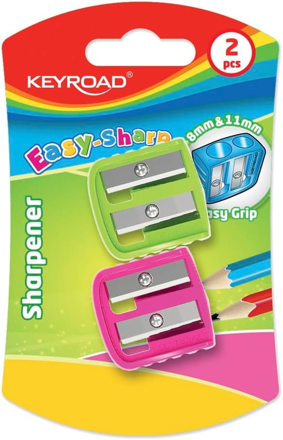 KEYROAD Ergonomic Double Sharpener / 2 Pieces/Plastic/Steel Blades/Pencils and Colouring Pencils/Blister - Mixed Colours/for Nursery Preschool and School