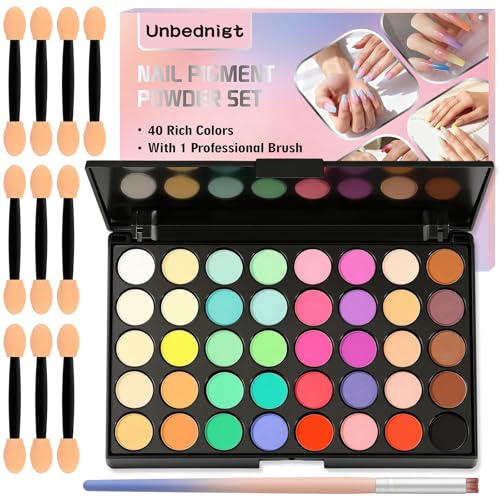 40 Colors Nail Pigment Powder for Nails with 1 Brush 10 Sponge Sticks Professional Nail Art Decoration Supplies Palette with Neon Shades for Gradient Ombre & Bold Manicure Nail Powder DIY Gift