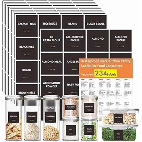 Hebayy 234 Minimalist Kitchen Food Labels, 216 Preprinted Flour Pasta Peas Condiment Oil Stickers, 18 Blank Ones, Waterproof Oil&Tear Resistant, No Residue for Pantry Food Containers Jars. Cover