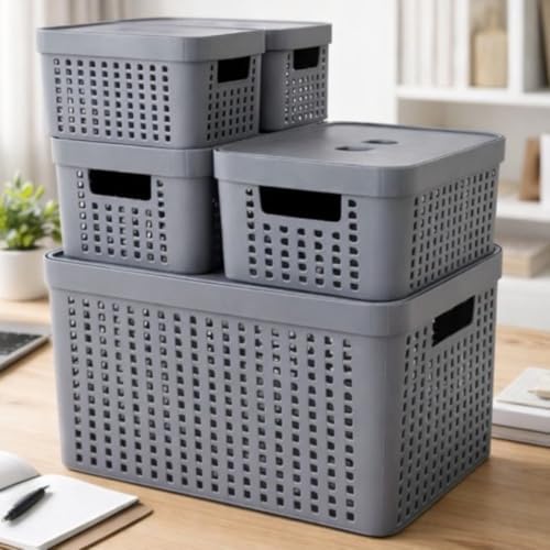 Kit 5 Caixas Organizadoras com Tampa Plástico Resistente Multiuso...