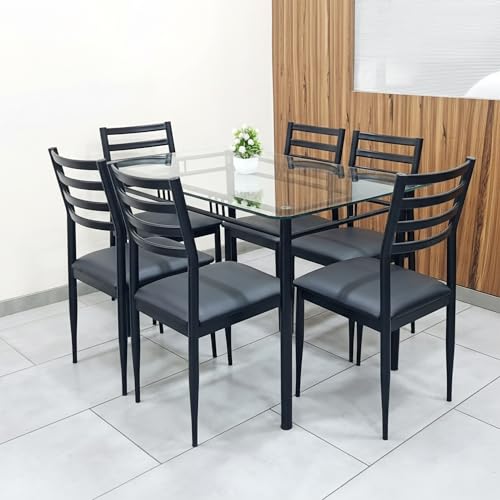 Image of Metal Dining Table Set with Clear 12 mm Thick Toughened Glass Top with Chair for Home Kitchen & Dining Room (Black, 6 Seater 3 x 5 feet)