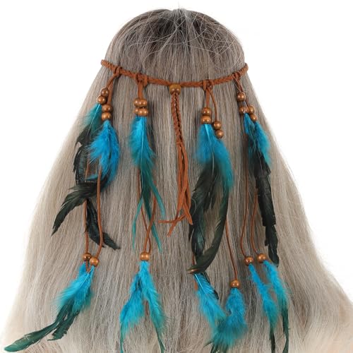 guduling Native American Headdress,Indian Headdress,Boho Indian Feather Headband,Hippie Headbands for Women, Native American Hair Accessories for Women and Girls (Blue)