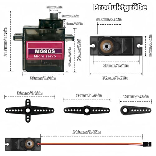 8 Stück MG90S 9G Mikro-Servomotor-Metallgetriebe-Kit, Mini-Servos für RC-Roboter, Autos, Boote, Hubschrauber, Flugzeuge, Arduino-Projekt-Servomotoren zur Steuerung