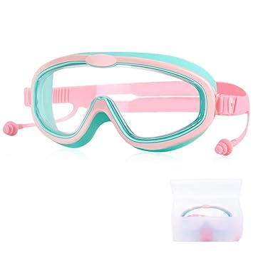 PROBEROS® Swimming Goggles for Kids with Ear Plugs, Big Frame Leakproof Anti-fog Swimming Goggles for Kids, Swim Goggles with UV Protection Adjustable Swim Goggles for Boys Girls for Age 6-14 (Pink)
