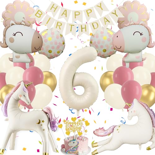 Einhor Deko Kindergeburtstag 6, Riesiges Mattweiß Rosa 4D Luftballons, Einhor Geburtstagsdeko Ballon Banner und Tortendeko, Party Deko Geschenke für Mädchen (Set Geburtstagsdeko 6 Jahre Mädchen)