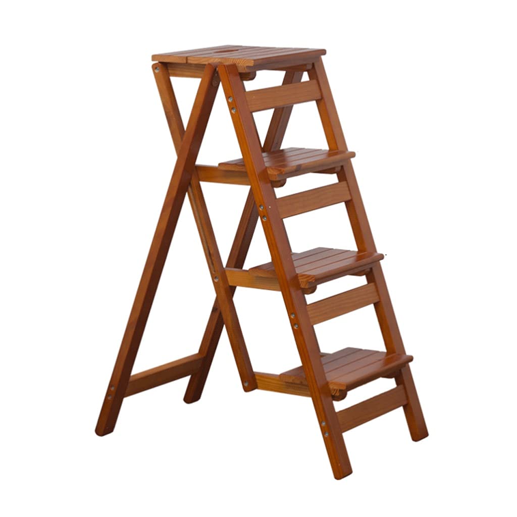 4 Tread Scissor Ladders, Solid Wood Folding Stool with Wide Wooden Pedal, Lightweight Wooden Scissor Ladders, Shelf for Home and Kitchen, Portable Stool