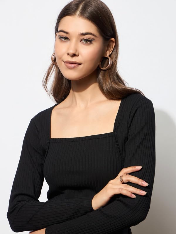 Image of barcino Black Rib Stitch Square Neck Full Sleeves Top