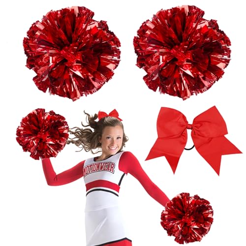 3 Stück Cheerleader Pompons, Pompoms Cheerleading Rot, Pom Poms Cheerleading, 2 Pompoms + Haarband,...