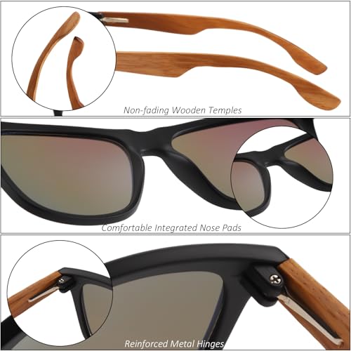 Long Keeper Classic Wood Sunglasses for Men Women Retro Black Sunglasses Wooden Arms Mirrored Sun Glasses UV400 Dark Shades4