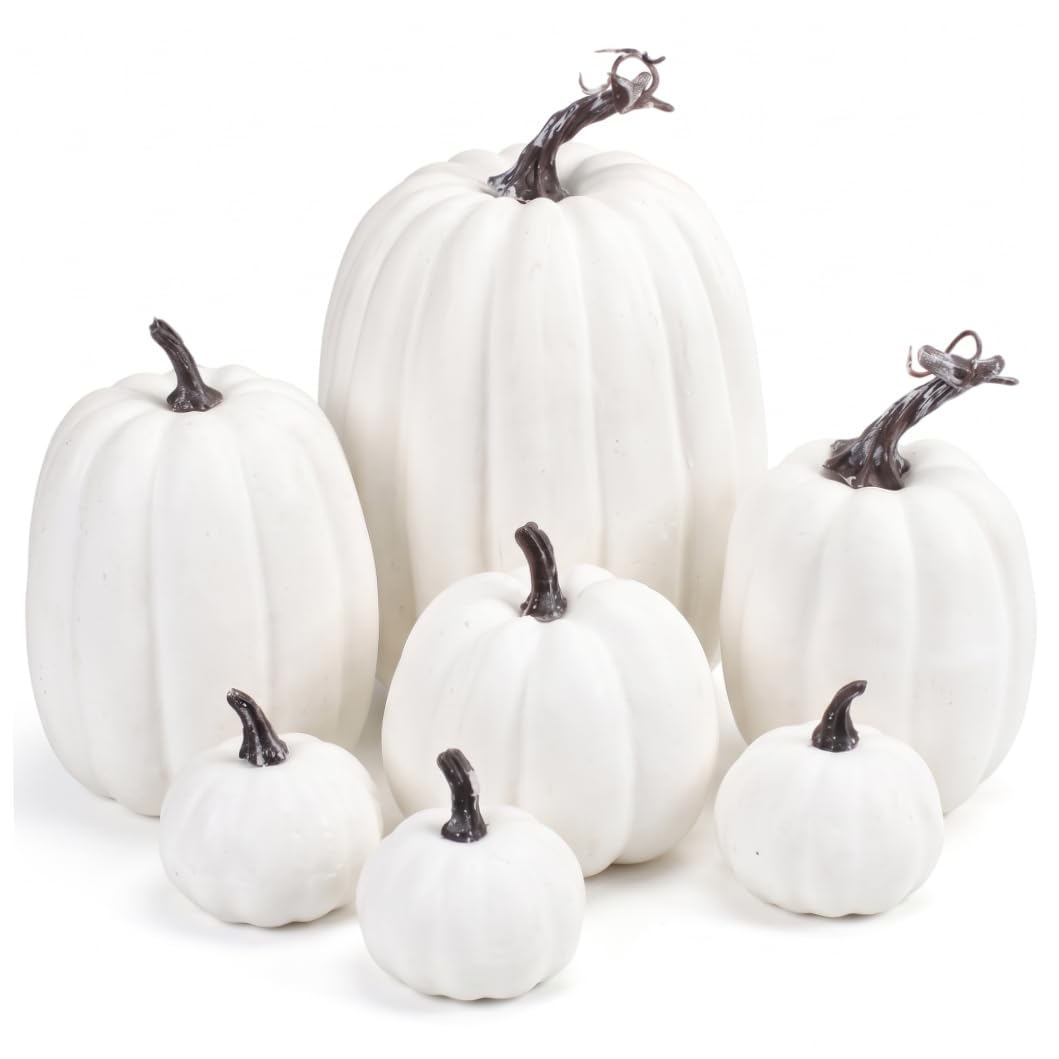 Imooreshine 7-piece Foam Pumpkins Set, Halloween Pumpkin Decor, Fall Artificial Pumpkins For Outdoor & Indoor Decorations, White