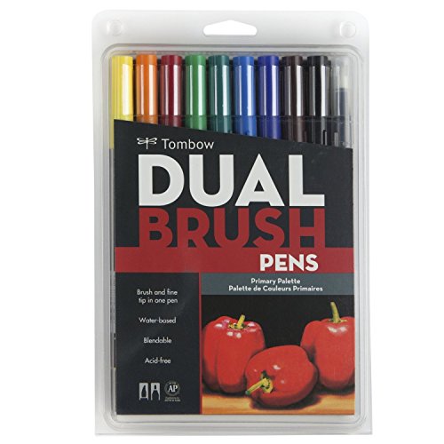 Image of Tombow Dual Brush Pen Art Markers Set = Primary Colors (10 Color Pack) + Bright Colors, Multicolor