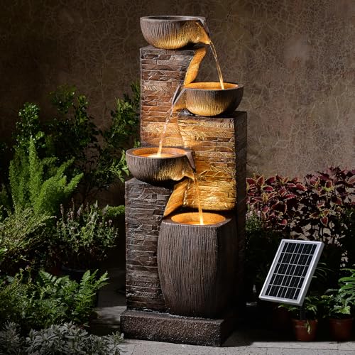 Pivotify 38.2' Tall Solar Powered Water Fountain for Outdoor,4 Tiers Modern Cascading Bowls and Stacked Stones Solar Fountains with LED Lights for Garden, Patio, Deck, Backyard and Home Art Decor