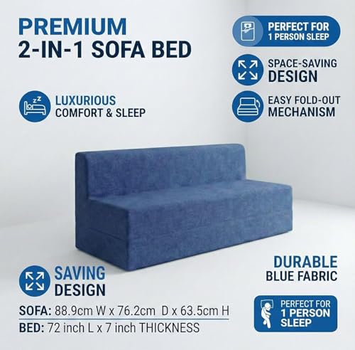 Image of Foldable One Seater Sofa Bed 3 X 6 Ft Jute Fabric Washable Cover Sofa Cum Bed with One Cushions Convertible Sofa Bed for Home, Office & Guest Room (Blue Color - Pre-Assembled)