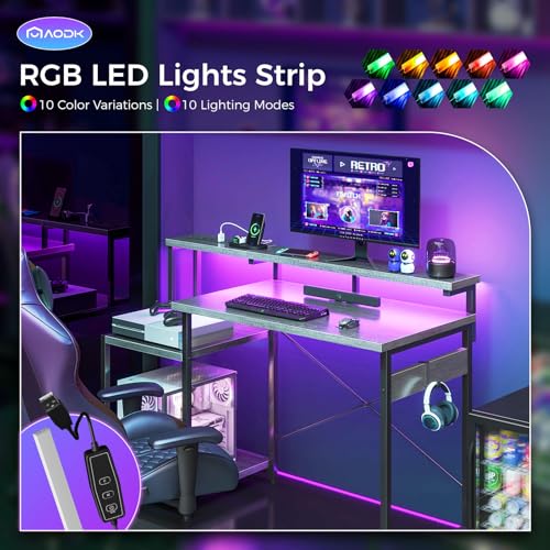 Image of AODK Computer Desk, 48 Inch Gaming Desk with Led Lights & Power Outlet, Office Desk with Storage Shelves, Reversible Desk with Monitor Shelf & Headphone Hook, Grey Oak