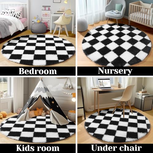 Image of KICMOR Round Rugs 8ft Black and White Circle Area Rug, Fluffy Soft Large Fuzzy Shag Shaggy Bedroom Living Room Carpet, Indoor Checkered Circular Rug for Kids Boys Girls Home Decor Aesthetic, Nursery