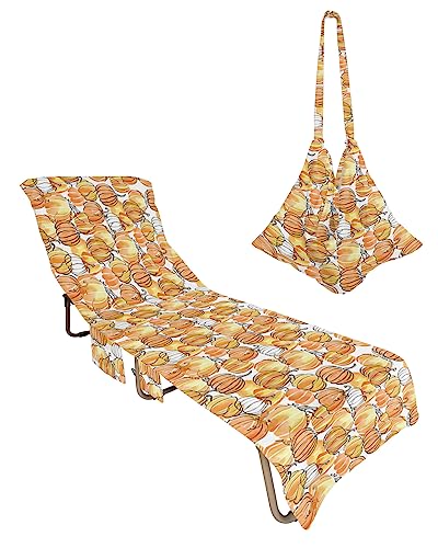 Vintage Pumpkins, Beach Lounge Chair Towel Cover, Soft Chaise Lounge Towel with Side Pockets Patio Pool Chairs Cover for Beach/Pool Sunbathing 29x85 Thanksgiving Fall Harvest Contemporary Festival
