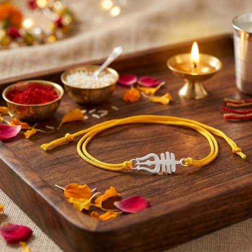 Image of Parnika 925 Pure 92.5 Sterling Silver Om Trishul Tripund Rakhi Bracelet for Brother | Hallmarked Silver Rakhi for Bhai & Bhaiya | Raksha Bandhan Gift with Roli Chawal | Premium Thread Rakhi