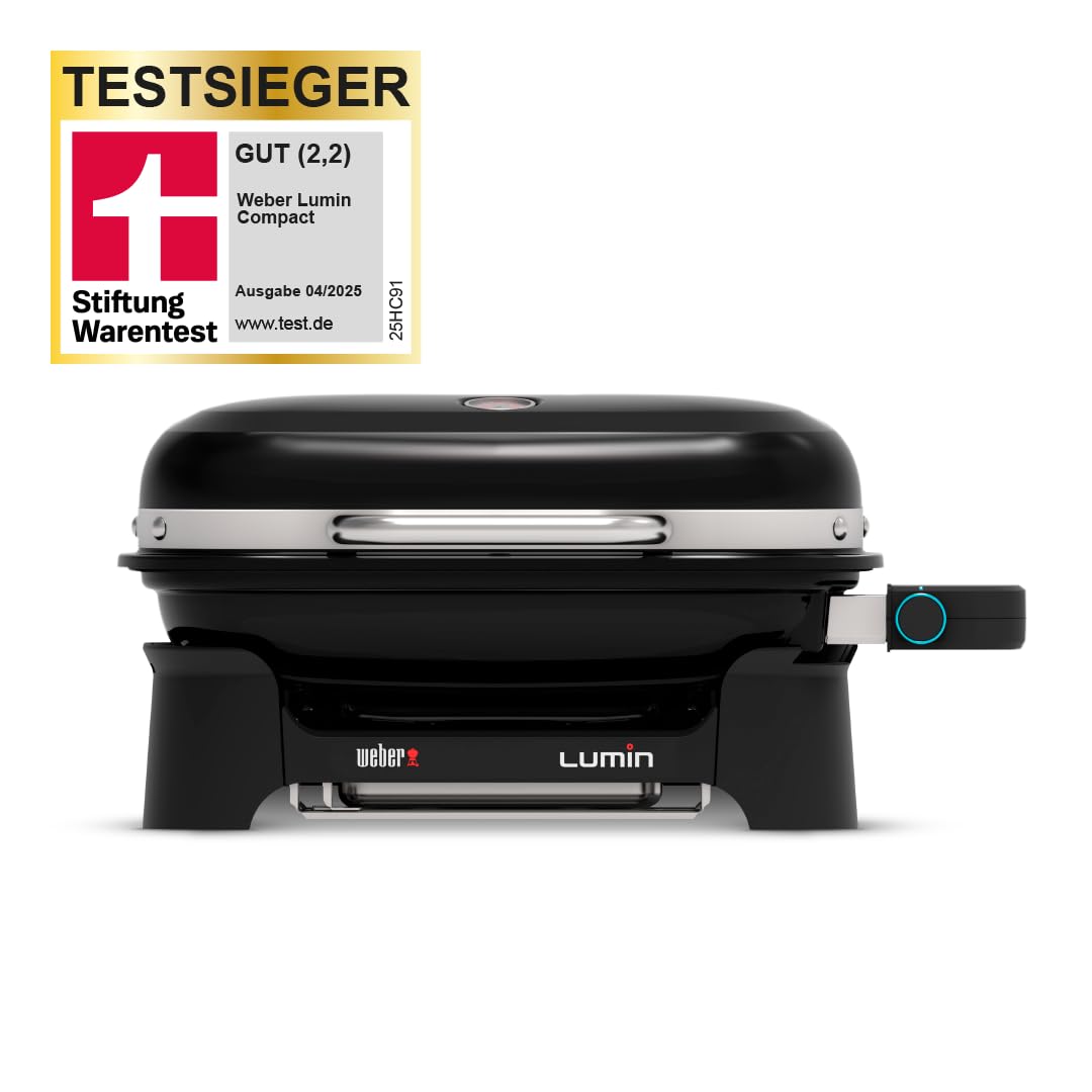 Weber Lumin Compact Tragbarer Kompakter Elektrogrill, Bis zu 315 °C, mit Deckelthermometer, Porzellanemaillierte Gusseisenroste, 43 x 32 cm Grillfläche, Schwarz (1502044)