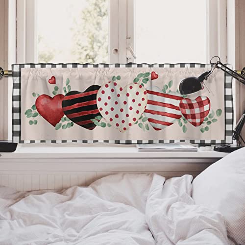 Hawskgfub Valentine’s Day Polka Dots Stripe Love Hearts Kitchen Curtain Valance 54X18, Buffalo Plaid Window Topper Curtains Rod Pocket, Wedding Anniversary Home Living Room Bedroom Bathroom Decor #TOP3