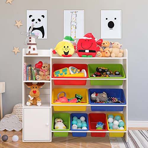 Kids Toy Storage Organizer Bins with Shelf 4 Tier Playroom Organization and Storage W8 Removable Boxes Kids Bookshelf and Toy Storage for Kids Room Bedroom Nursery Classroom White