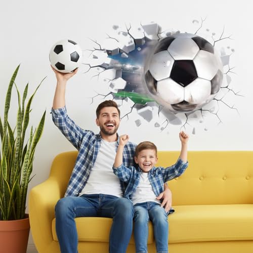 3D Fußball Wandtattoo,Fussball Wandsticker Kinderzimmer,Durchbruch Wandaufkleber für Jungen,Fußball Wandstikcer für Schlafzimmer Wohnzimmer Wanddeko