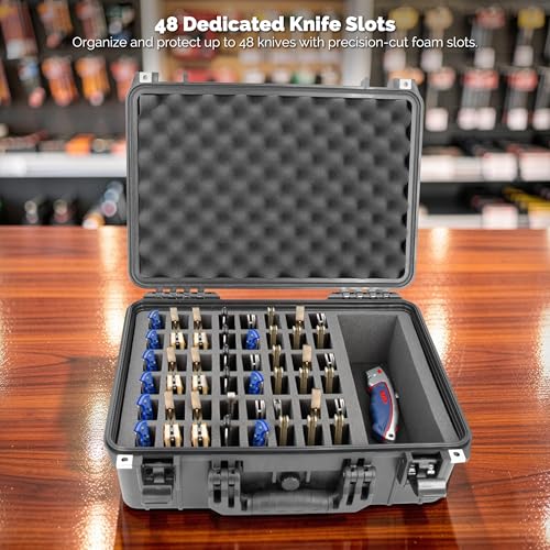 Image of CASEMATIX 48 Folding Knife Storage Case - Waterproof Lockable Knife Organizer for Pocket Knives, EDC Gear & Swiss Army Knives Up to 6 inch with Accessory Compartment for Sharpeners & Tools