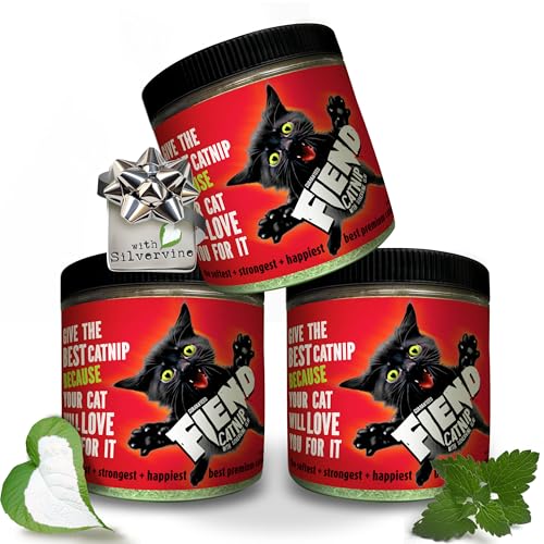 Fiend Three (3 Count) Catnip + Silvervine for Cats & Kittens Safety-Cut Premium Fine Cat Nip Blend with Vegan Silvervine + Sticker – Ultra Potent, North American – 1 Cup (34.5g) Create a Monster!