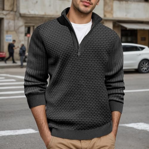 Mens Quarter Zip Sweater Cable Knitted Mock Neck Textured Solid Colors Slim Fit Long Sleeve Pullover Sweaters2