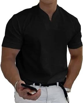 2022 Men Gentlemans Business Short Sleeve Fitness T Shirt, Mens Business Cotton Casual Shirts V-Neck Slim Fit Shirts Black,L