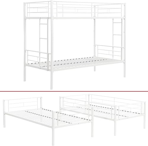 Miniatura 8 de Litera de tamaño individual sobre individual con 2 escaleras y barandilla de longitud completa, espacio de almacenamiento, no necesita somier, sin