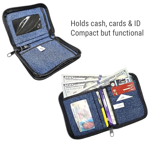 Image of Compact Denim Wallet Zipper Around Small Card Holder Coin Purse Slim Mini Blue