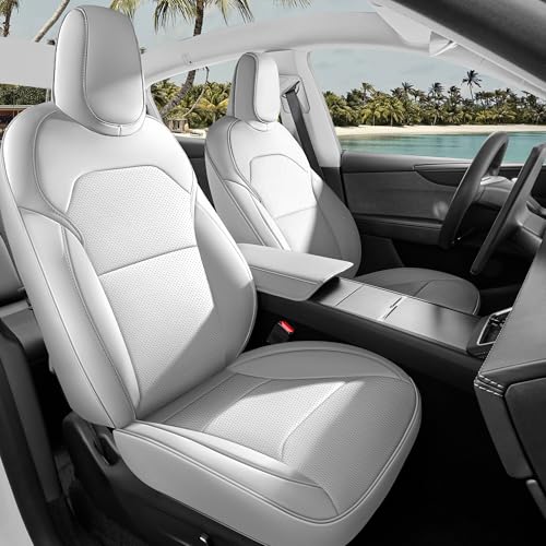 MeeKooMay Seat Cover for Tesla Model Y Juniper 2025 2026 (NOT for 2026 Standard RWD/AWD) Custom Fit Leather Seat Cover Full Set Compatible Airbag Seat Cushion Cover (Model Y Gray-25-26)